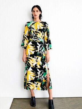 Warehouse Floral Wrap Midi Dress in Yellow, Black & Green